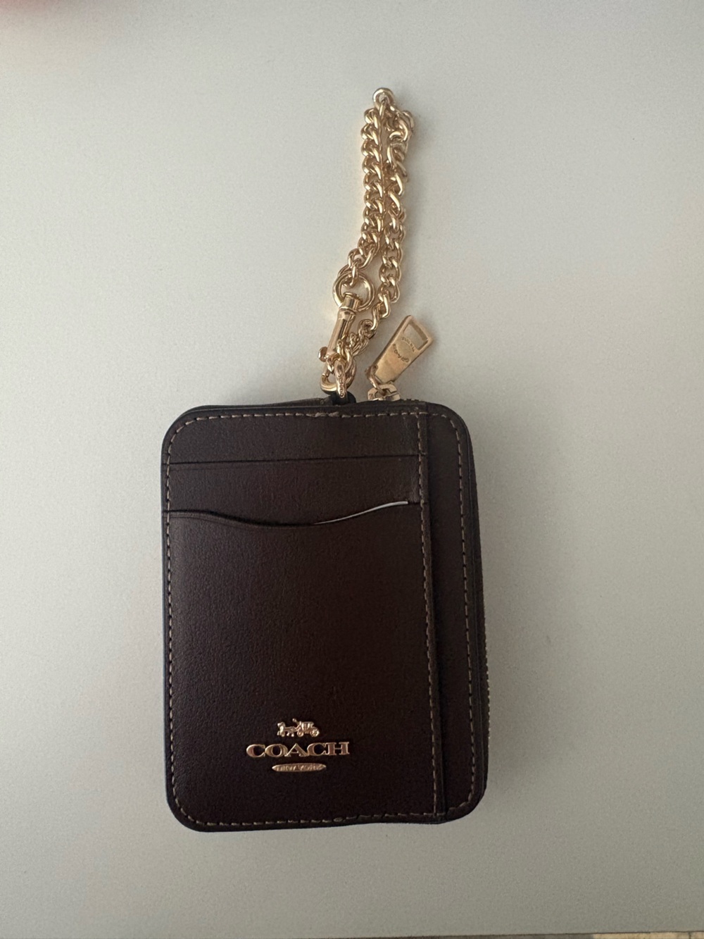 Coach Dark Brown Leather Card Case with Gold Chain Wristlet